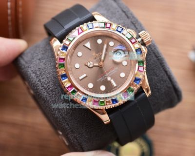 Replica Rolex Yacht-Master Brown Dial Rainbow Bezel Black Rubber Strap Watch